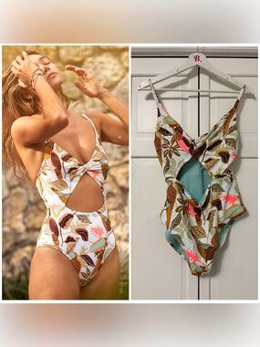 NWOT Aerie Twist Cut Out One Piece Swimsuit Floral Leaf Print Large
